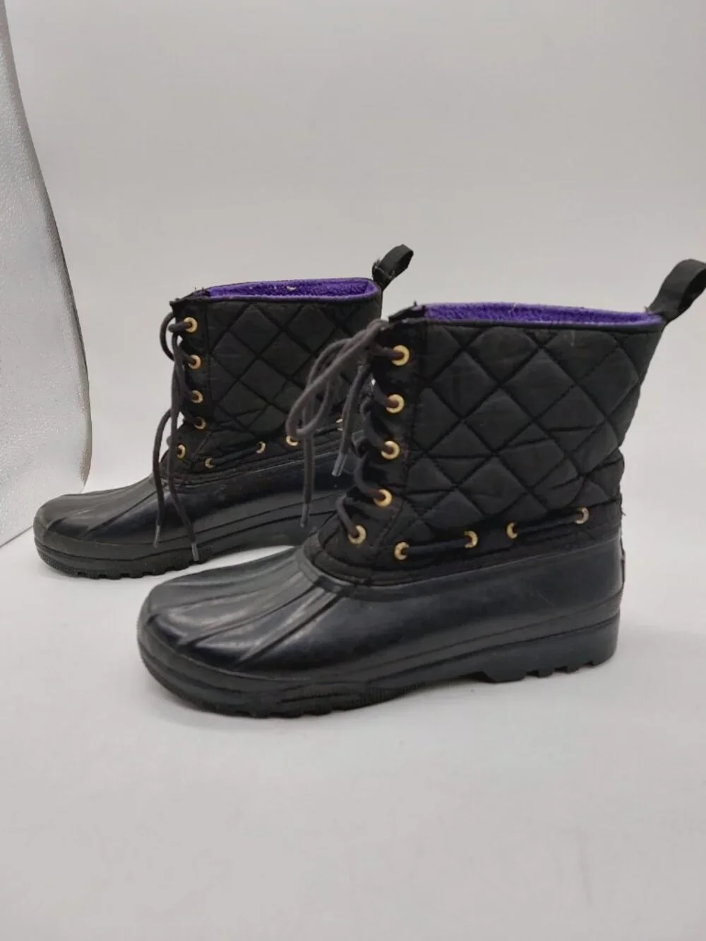 Sperry Size 8 Top Sider Black Rubber Quilted Lace Up Lined Duck Boots